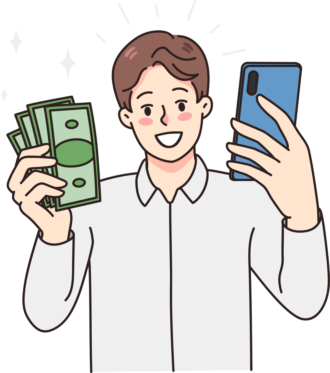 Smiling man holding smartphone and money